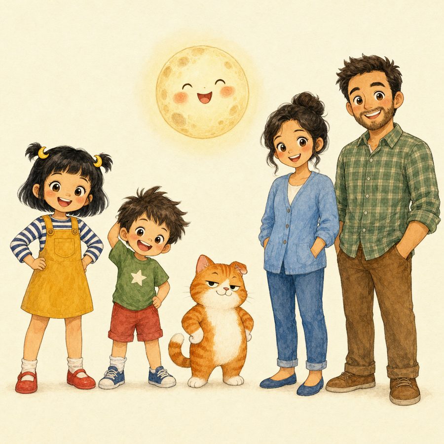 The Giggle Moon friends: Lulu, Max, Bobo the cat, the Giggle Moon, Mum and Dad.