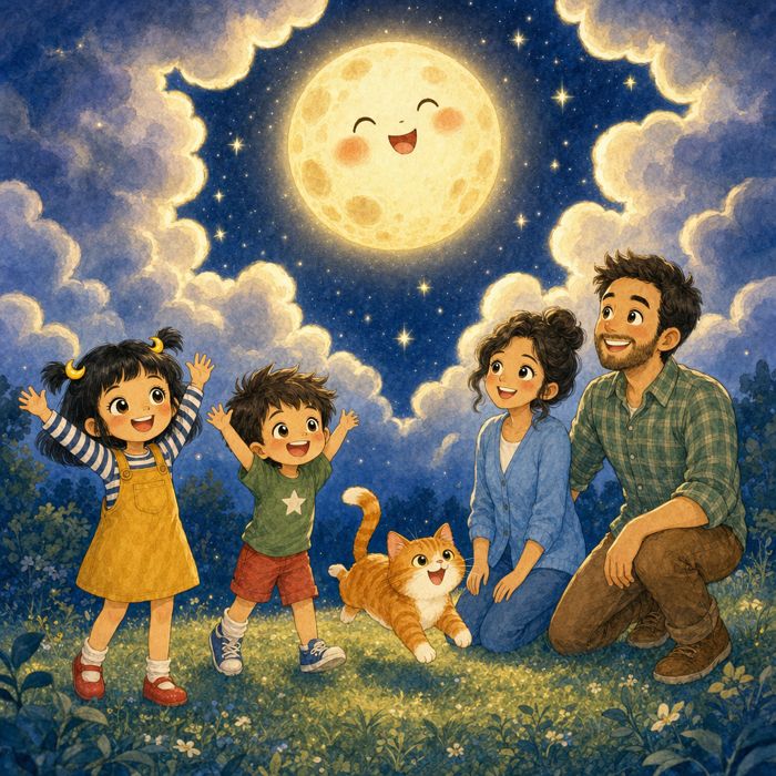 The Giggle Moon appears from behind the clouds, laughing, while Lulu and Max cheer.